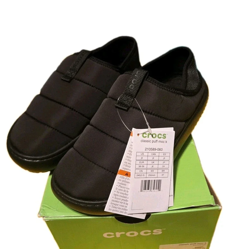Crocs Classic Puff Moc 210706 Black/Black Unisex Slip On Shoes KIDS J6